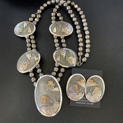 Navajo Gold Filled Sterling Silver Concho Pottery Pendant Necklace Earrings Set | Native American Handmade | 12367