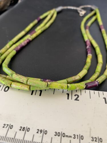 Navajo Green Purple Jasper 3-Strand Bead Necklace | Sterling Silver | 24" | Authentic Native American Handmade | 12511