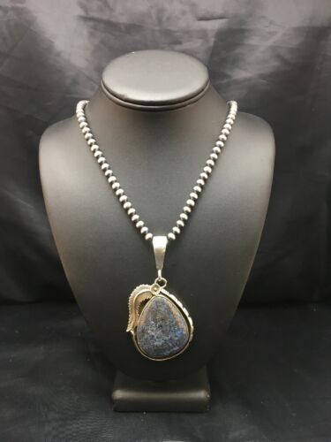 Men's Lapis Pendant | Sterling Silver Navajo Pearls Necklace | Authentic Native American Handmade | 1752