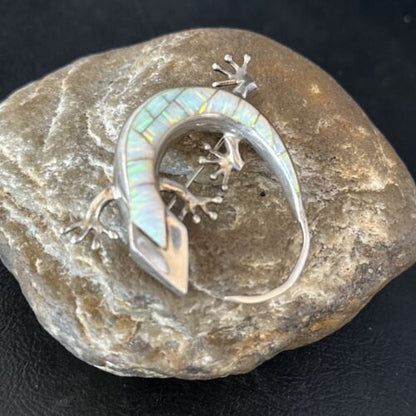 Navajo White Opal Lizard Pin Pendant | Inlay Gecko | Sterling Silver | Authentic Native American Handmade | 14333