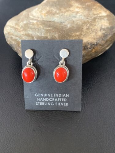 Native American Navajo Red Coral Dangle Earrings | Sterling Silver | 1" | 13114 - Masha USA