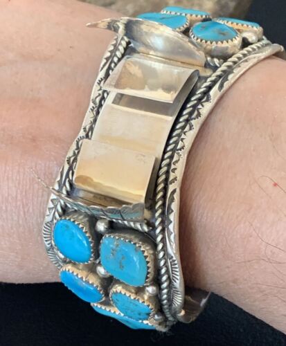 Navajo Sterling Silver Watch Cuff Bracelet | Blue Kingman Turquoise | Authentic Native American Men's Jewelry | 11932