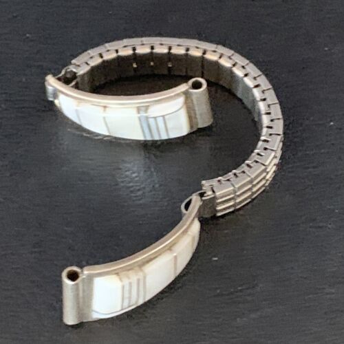 Navajo Sterling Silver Watch Tips with Pink Mother of Pearl Inlay Band | Authentic Native American Jewelry | 13693