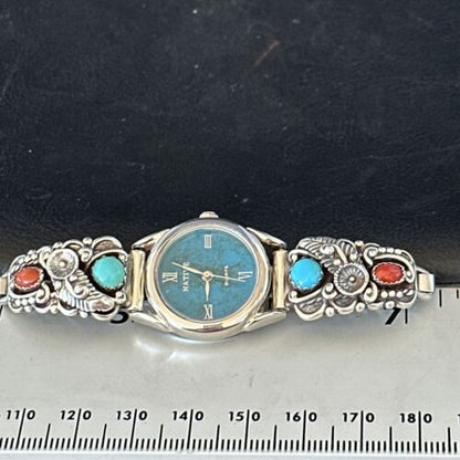 Navajo Blue Turquoise & Coral Watch Tips | Sterling Silver | Authentic Native American Jewelry | 14325
