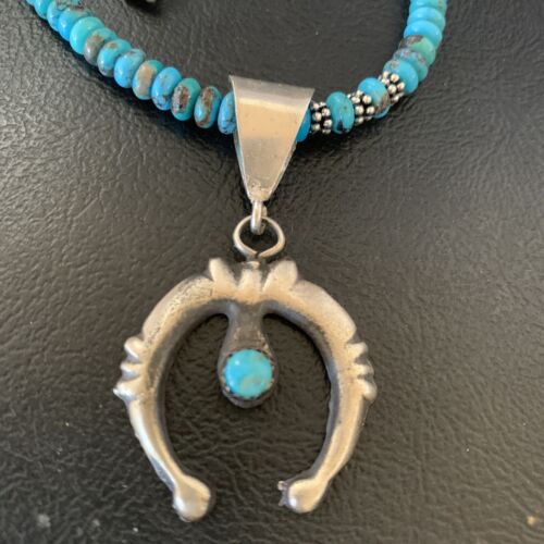 Navajo Sterling Silver Blue Turquoise Pendant Necklace | 6mm Beads | 24" | Authentic Native American Handmade | 12776