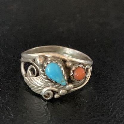 Navajo Blue Kingman Turquoise Coral Ring | Authentic Native American Sterling Silver | Multi-Stone | Sz 6.5 | 13575