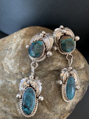 Handmade Navajo Spiderweb Turquoise Dangle Earrings | Sterling Silver | Authentic Native American | 1481