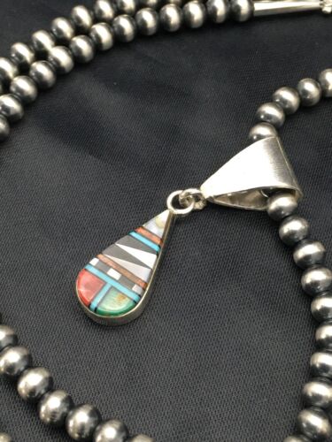 Turquoise Multi-Stone Inlay Pendant | Sterling Silver Bead Necklace 1.75" | Navajo Jewelry 2705