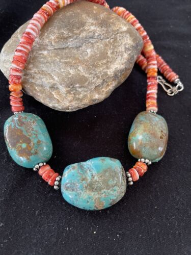 Chunky Turquoise Navajo Pearls | Sterling Silver | Red Spiny Oyster | 22" | Necklace 1239