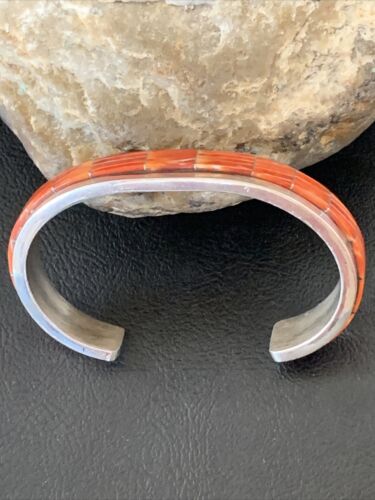 Navajo Native American Red Spiny Oyster Inlay Bracelet | Sterling Silver | Authentic Handmade | 1166