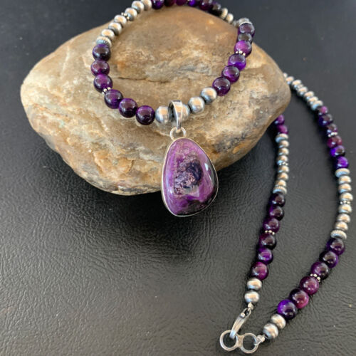 Navajo Pearls Necklace with Purple Sugilite and Onyx Pendant | Sterling Silver | 13394