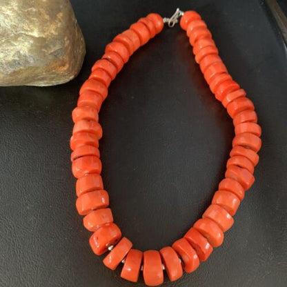 Navajo Orange Bamboo Coral Bead Necklace | 16mm | Sterling Silver | 17" | Authentic Native American Handmade | 13524