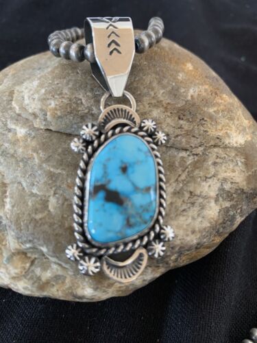 Navajo Spiderweb Kingman Turquoise Pendant Necklace | Sterling Silver | Authentic Native American Handmade | 690
