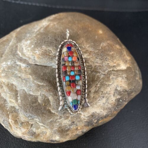 Zuni Corn Coral Mother of Pearl Turquoise Inlay Pendant | Sterling Silver | 1.75" | 13689