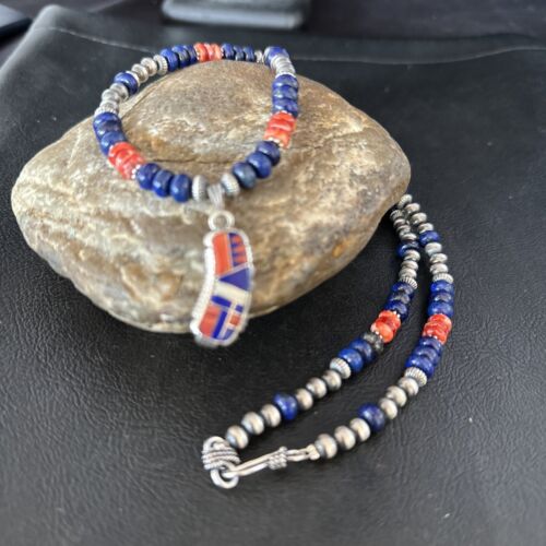 Navajo Blue Lapis Spiny Oyster Necklace Pendant | Sterling Silver Inlay | Authentic Native American Handmade | 14617