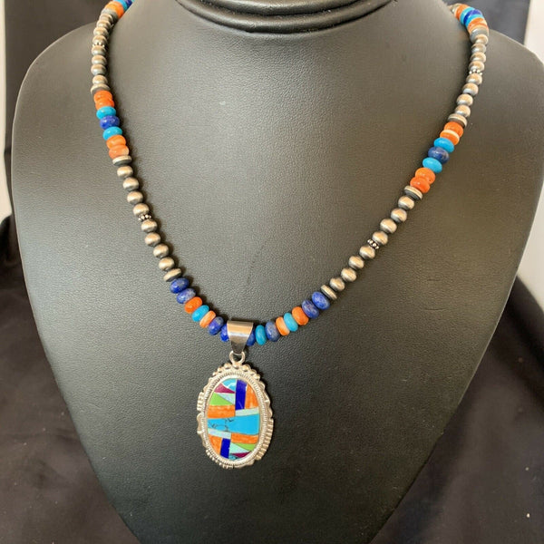Navajo Spiny Oyster Turquoise Pendant Necklace | Sterling Silver | 21" | Authentic Native American Handmade | 11363