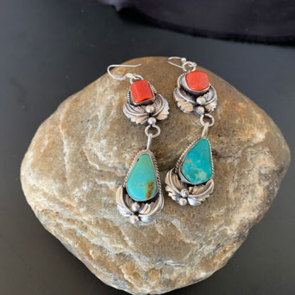 Navajo Green Royston Turquoise Red Coral Dangle Earrings | Sterling Silver | Authentic Native American Handmade | 2054