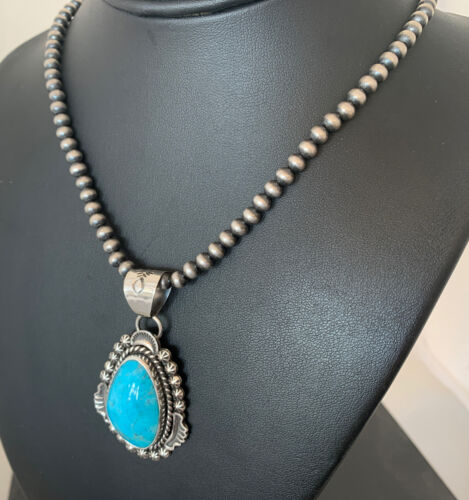 Men's Navajo Pearls Necklace | Sterling Silver Blue Kingman Turquoise Pendant | Native American Handmade | 793