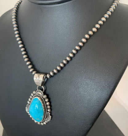 Men's Navajo Pearls Necklace | Sterling Silver Blue Kingman Turquoise Pendant | Native American Handmade | 793
