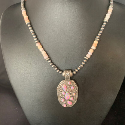 Navajo Pink Opal Beads Necklace with Multi-Stone Mother of Pearl Pendant | Sterling Silver | 13442