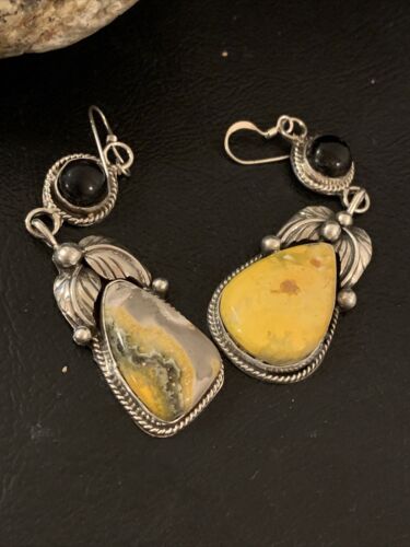 Native American Navajo Black Onyx Bumblebee Jasper Dangle Earrings | Sterling Silver | 2" | 1537