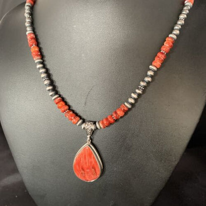 Navajo Red Spiny Oyster Necklace | Sterling Silver Pendant | Authentic Native American Handmade | Men's | 13815