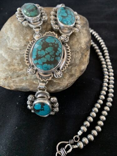 Navajo Lariat Spiderweb Turquoise Pendant Necklace | Sterling Silver | 25" | Authentic Native American Handmade | 01337