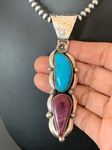 Navajo Kingman Turquoise & Spiny Oyster Pendant Necklace | Sterling Silver | Authentic Native American Handmade | 4576