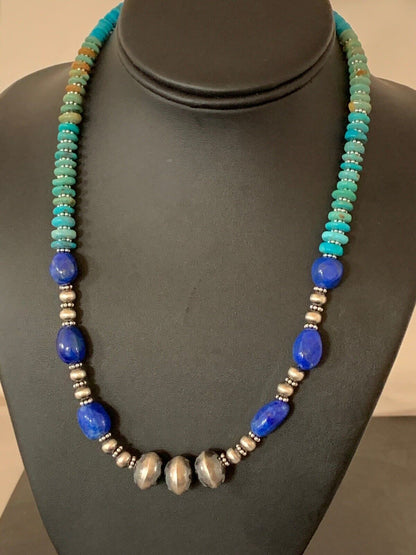 Navajo Lapis & Turquoise Beads Necklace | Sterling Silver | Authentic Native American Handmade | 20" | 4696