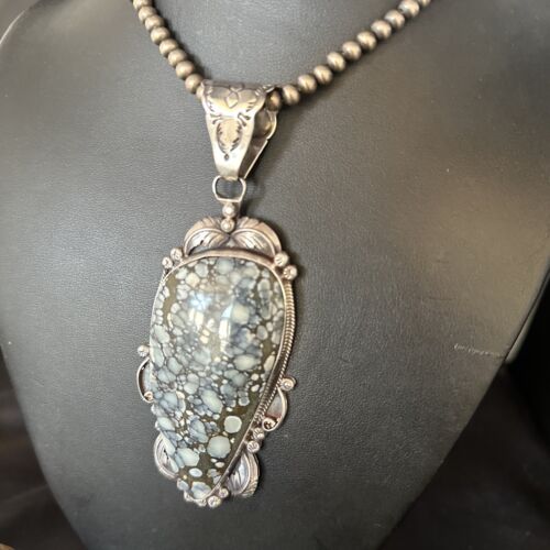 White Buffalo Turquoise Necklace Pendant with Pearls | Sterling Silver | Authentic Native American Handmade | 14805