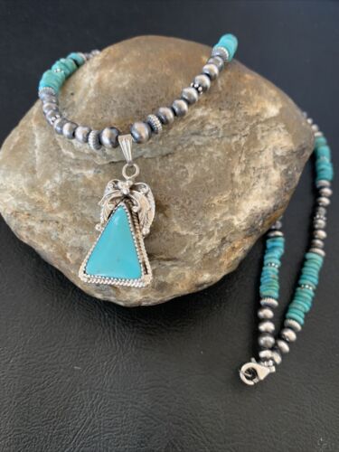Navajo Pearls Sterling Silver Necklace with Blue Kingman Turquoise Pendant | Authentic Native American Handmade | 12496