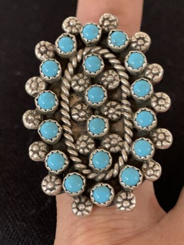 Navajo Blue Cluster Turquoise Petti-Point Ring | Authentic Native American Sterling Silver | Multi-Stone | Sz 7 | 618