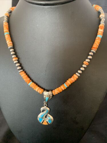 Navajo Pearls Necklace with Orange Spiny Oyster & Turquoise Pendant | Sterling Silver | Authentic Native American | 20" | 12703