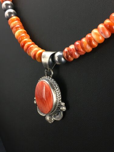 Navajo Orange Spiny Oyster Pendant Necklace | Sterling Silver Beads | Authentic Native American Handmade | 2689 - Masha USA