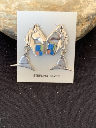 Native American Navajo Blue Lapis & Pink Opal Sterling Silver Horse Inlay Earrings 1" | 1513