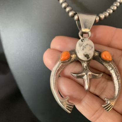Navajo White Buffalo Turquoise & Spiny Oyster Naja Pendant | Sterling Silver | Authentic Native American Handmade | 13647