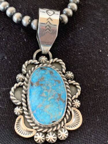 Navajo Sterling Silver Necklace with Spiderweb Kingman Turquoise Pendant | Authentic Native American Handmade | 00689