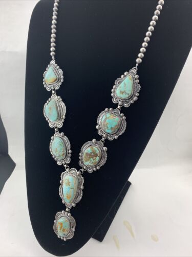 Navajo Sterling Silver Lariat Necklace | Royston Turquoise Squash Pendant | Authentic Native American Handmade | 01545