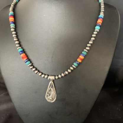 Navajo Multi-Color Turquoise Mother of Pearl Necklace Inlay Pendant | Sterling Silver | 13886