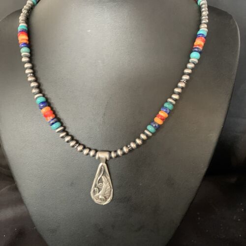 Navajo Multi-Color Turquoise Mother of Pearl Necklace Inlay Pendant | Sterling Silver | 13886