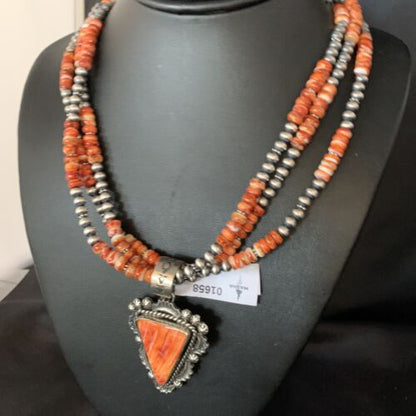 Navajo Red Spiny Oyster Pendant | Sterling Silver | Native American Pearls Necklace | Multi-Strand | 1658