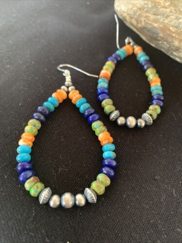 Navajo Sterling Silver Bead Earrings | Spiny, Turquoise & Lapis Dangle | Authentic Native American Handmade | 1413