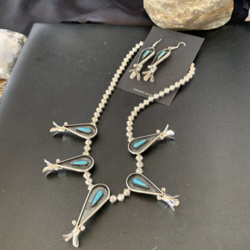 Navajo Squash Blossom Necklace & Earrings Set | Kingman Turquoise | Sterling Silver | Authentic Native American Handmade | 10925