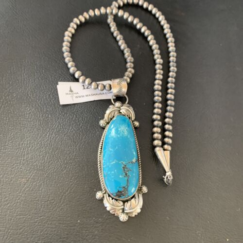 Men's Navajo Pearls Necklace with Blue Kingman Turquoise Pendant | Sterling Silver | Native American Handmade | 12381