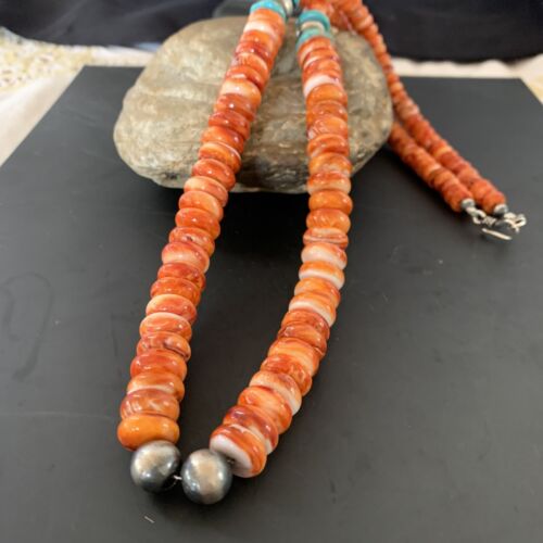 Navajo Pearls Sterling Necklace | Red Spiny Oyster & Turquoise Pendant | 24" | 11327
