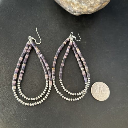 Native American Sugilite Heishi Bead Earrings | Sterling Silver | 4" | 14316