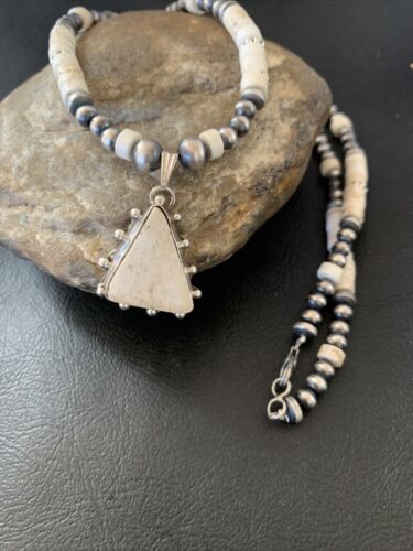 Navajo White Buffalo Turquoise Pendant Set | Sterling Silver | Authentic Native American Handmade | 12202