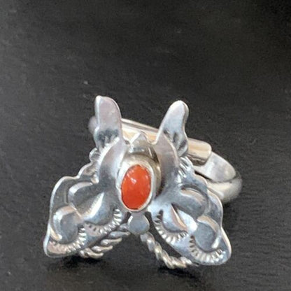 Navajo Red Spiny Oyster Butterfly Ring | Sterling Silver | Adj Sz 8 | Authentic Native American Handmade | 10342