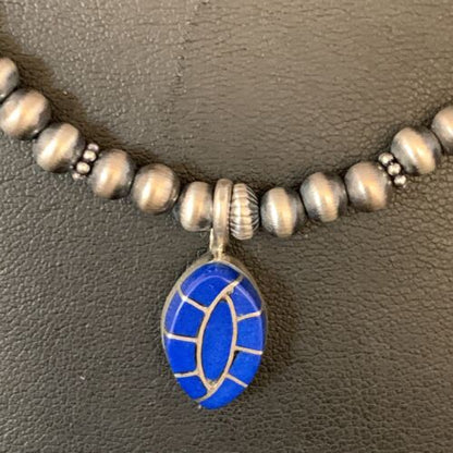 Navajo Blue Lapis Inlay Necklace Pendant | Sterling Silver | Authentic Native American Handmade | 13845