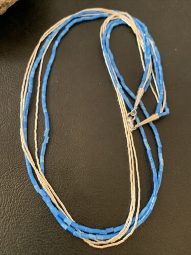 Navajo Denim Lapis Tube Beads Necklace | 5-Strand Liquid Silver Heishi | Sterling Silver | 02179 - Masha USA